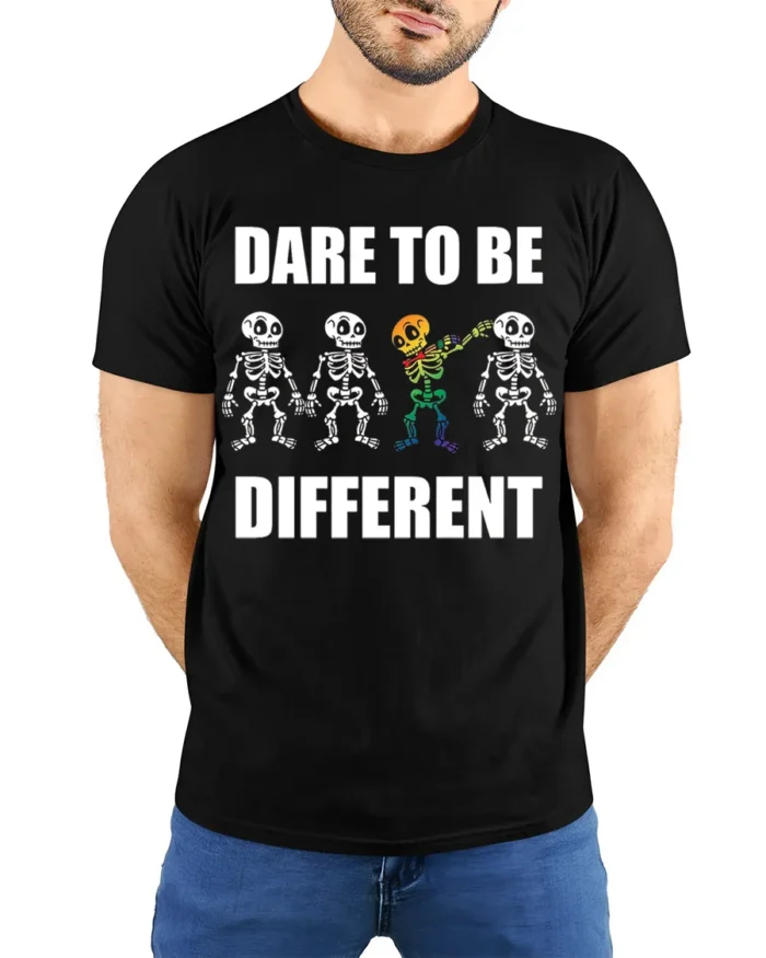 Dare to Be Different Skeleton Rainbow T-Shirt - model wearing black shirt, hands behind back