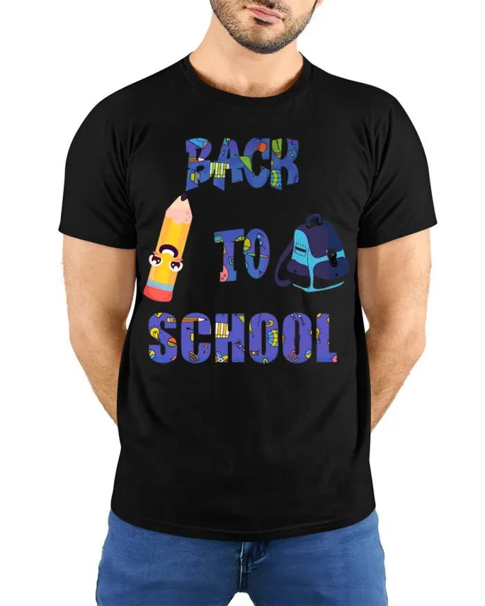 Back to School Pencil and Backpack T-Shirt Fun - model wearing black shirt, hands behind back