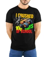 I Crushed 100 Days of School Monster Truck T-Shirt - model wearing black shirt, hands behind back