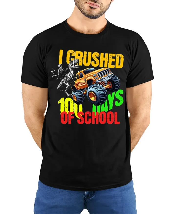I Crushed 100 Days of School Monster Truck T-Shirt - model wearing black shirt, hands behind back