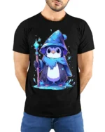 Wizard Penguin Magic Ice Staff Cute T-Shirt - model wearing black shirt, hands behind back