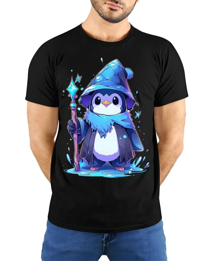 Wizard Penguin Magic Ice Staff Cute T-Shirt - model wearing black shirt, hands behind back