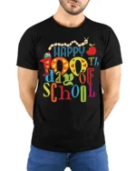 Happy 100th Day of School Cute Kids Colorful T-Shirt - model wearing black shirt, hands behind back