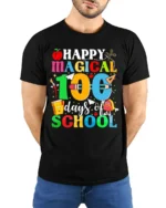 Happy Magical 100 Days of School T-Shirt Tee - model wearing black shirt, hands behind back