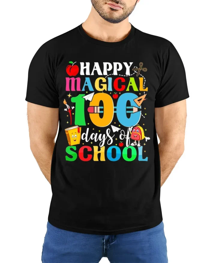 Happy Magical 100 Days of School T-Shirt Tee - model wearing black shirt, hands behind back