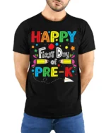 Happy First Day of Pre-K T-Shirt Colorful Tee - model wearing black shirt, hands behind back