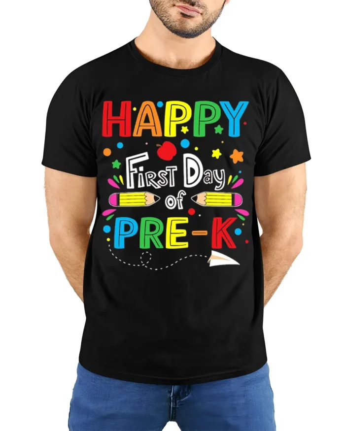 Happy First Day of Pre-K T-Shirt Colorful Tee - model wearing black shirt, hands behind back