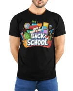 Colorful Back to School T-Shirt - model wearing black shirt, hands behind back