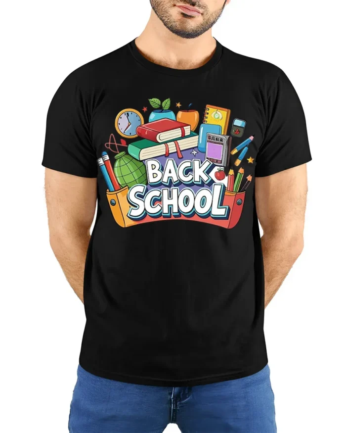 Colorful Back to School T-Shirt - model wearing black shirt, hands behind back
