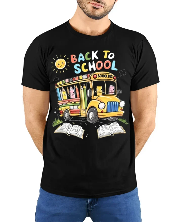 Cute Back to School T-Shirt with Bus and Pencils - model wearing black shirt, hands behind back