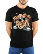 Cool Cartoon Graphic T-Shirt with Sunglasses Dude - model wearing black shirt, hands behind back