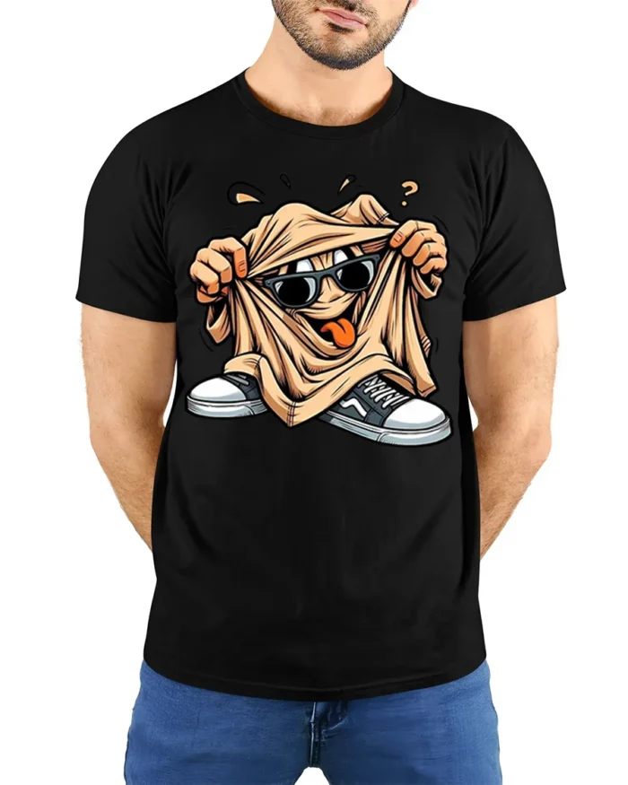 Cool Cartoon Graphic T-Shirt with Sunglasses Dude - model wearing black shirt, hands behind back