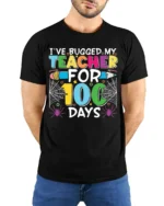 Bugged My Teacher for 100 Days T-Shirt Funny - model wearing black shirt, hands behind back