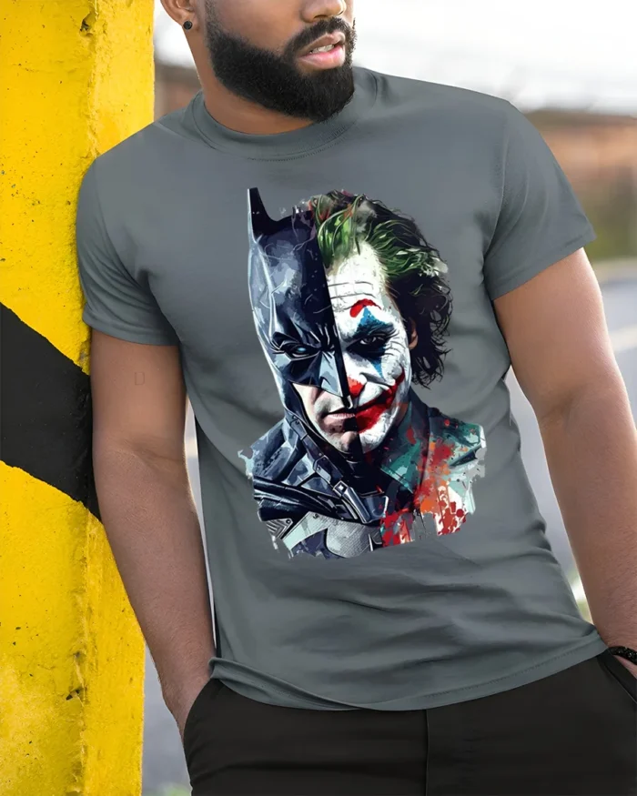 Dark Knight vs Clown Villain Split Face T-Shirt - model in grey shirt leaning against column