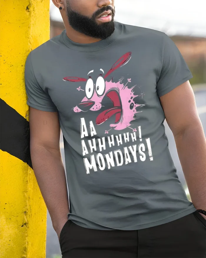 Screaming Dog Cartoon Aaah Mondays T-Shirt Funny - model in grey shirt leaning against column