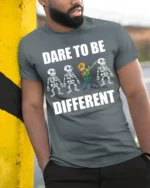 Dare to Be Different Skeleton Rainbow T-Shirt - model in grey shirt leaning against column