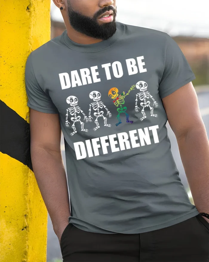Dare to Be Different Skeleton Rainbow T-Shirt - model in grey shirt leaning against column