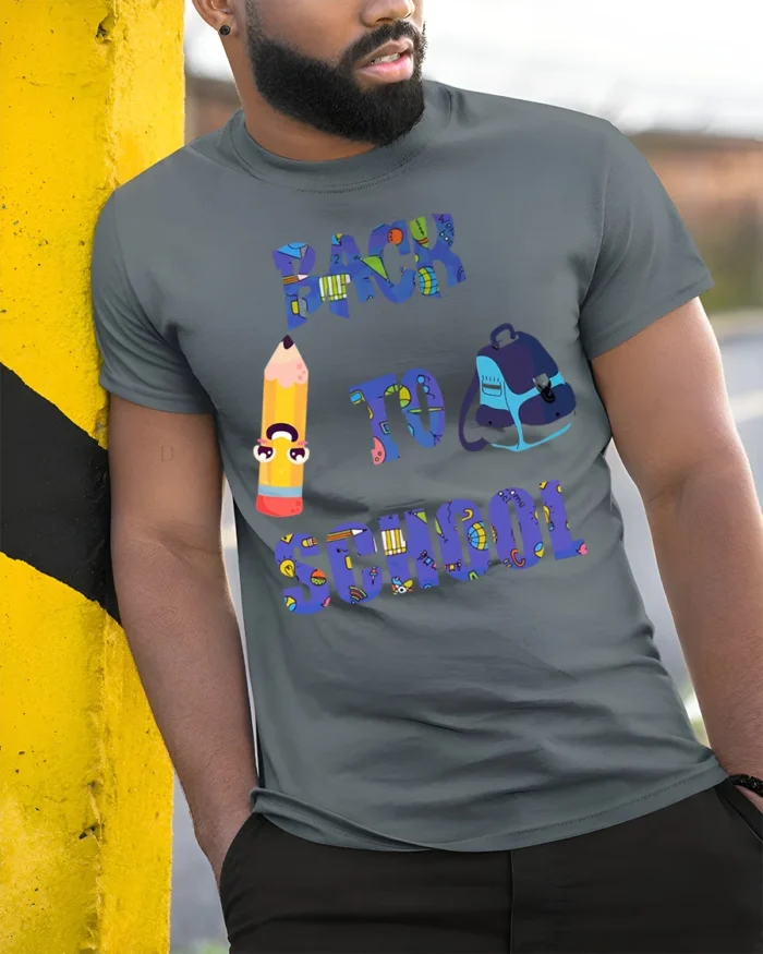 Back to School Pencil and Backpack T-Shirt Fun - model in grey shirt leaning against column