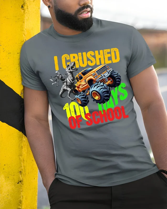 I Crushed 100 Days of School Monster Truck T-Shirt - model in grey shirt leaning against column