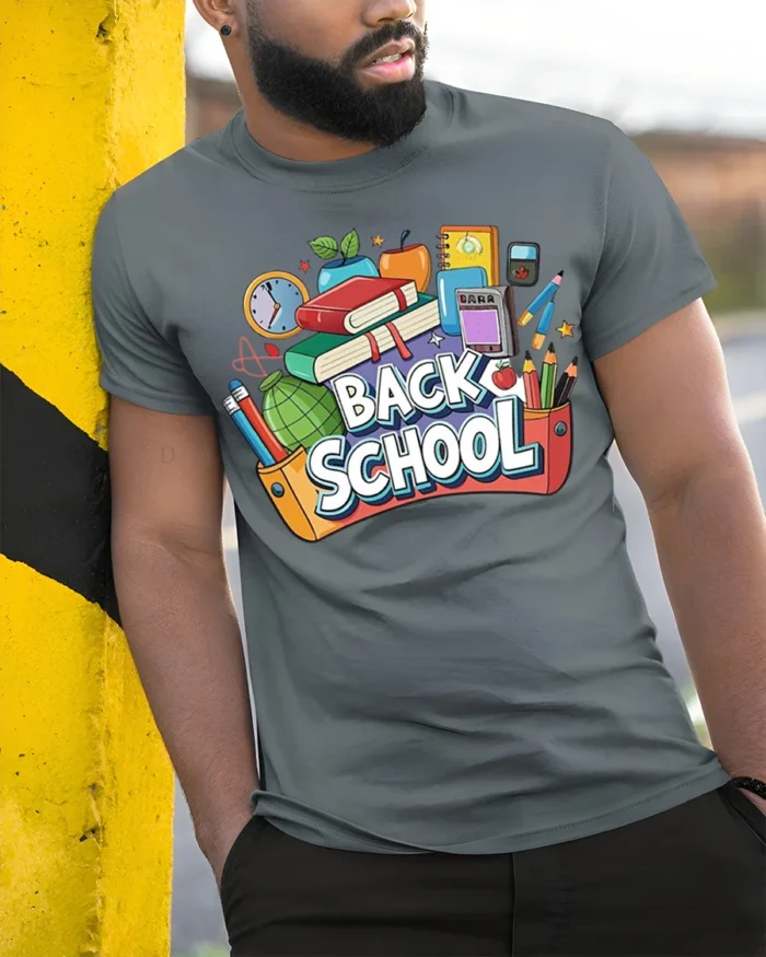 Colorful Back to School T-Shirt - model in grey shirt leaning against column