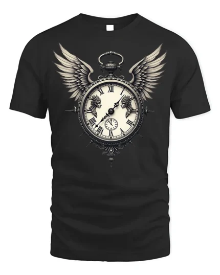 Vintage Winged Clock T-Shirt Gothic Steampunk Design - black t-shirt on white background