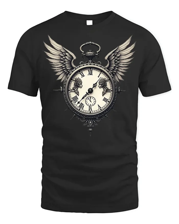 Vintage Winged Clock T-Shirt Gothic Steampunk Design - black t-shirt on white background