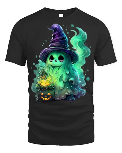 Cute Halloween Witch Ghost T-Shirt for Spooky Fun - black t-shirt on white background