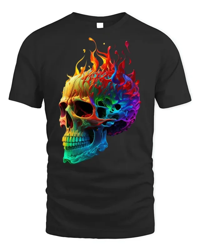 Rainbow Flame Skull T-Shirt for Bold Style Lovers - black t-shirt on white background