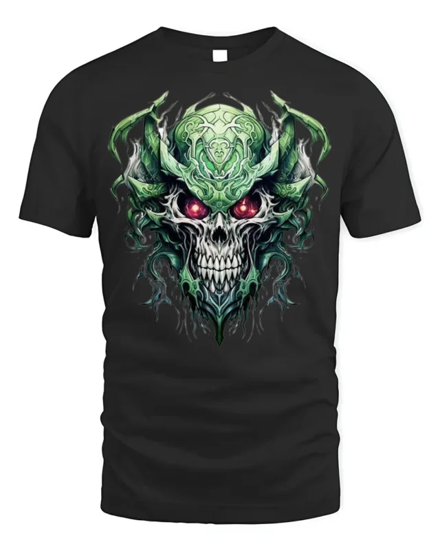 Dark Demon Skull T-Shirt with Glowing Red Eyes - black t-shirt on white background
