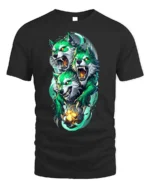 Three-Headed Green Wolf T-Shirt for Mythic Power - black t-shirt on white background