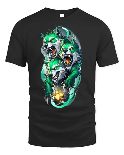 Three-Headed Green Wolf T-Shirt for Mythic Power - black t-shirt on white background