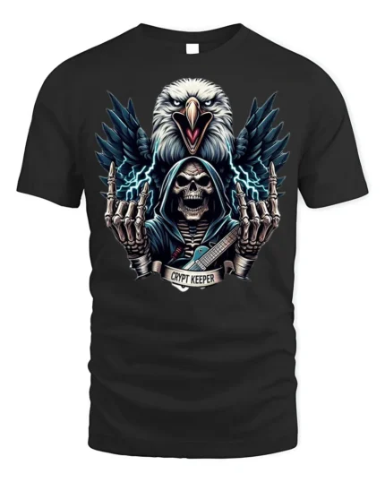 Crypt Keeper Skull T-Shirt with Eagle and Guitar - black t-shirt on white background