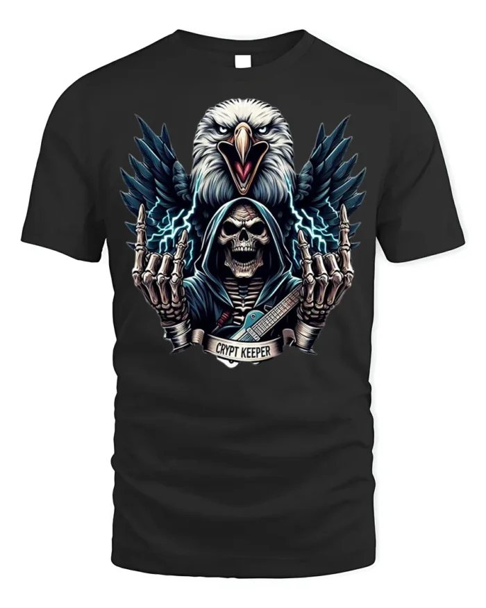 Crypt Keeper Skull T-Shirt with Eagle and Guitar - black t-shirt on white background