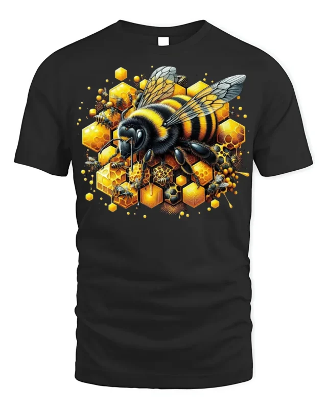 Honey Bee and Honeycomb T-Shirt for Nature Lovers - black t-shirt on white background