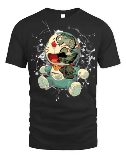 Cyborg Anime Robot T-Shirt with Broken Face Art - black t-shirt on white background