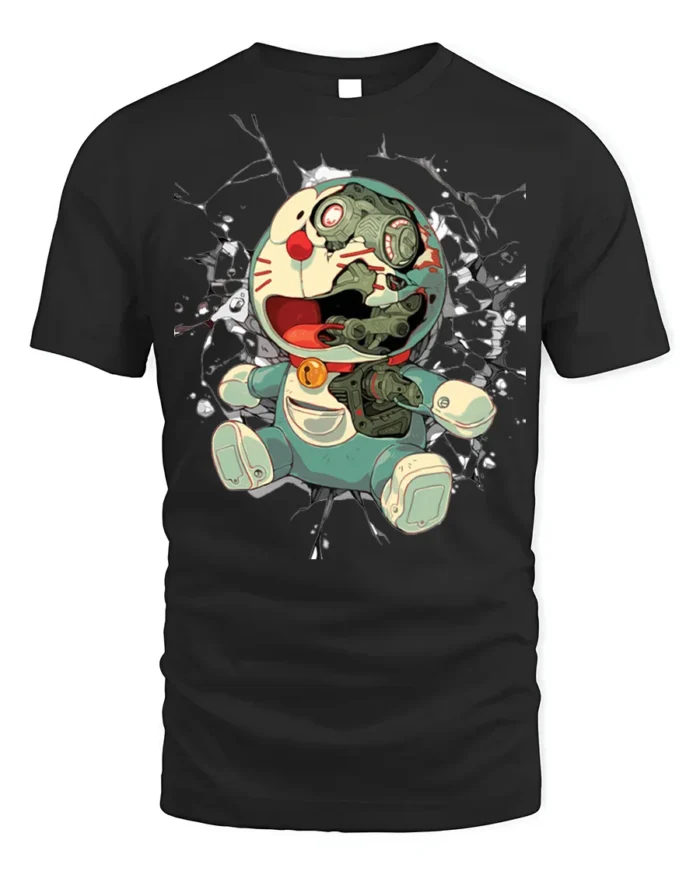 Cyborg Anime Robot T-Shirt with Broken Face Art - black t-shirt on white background