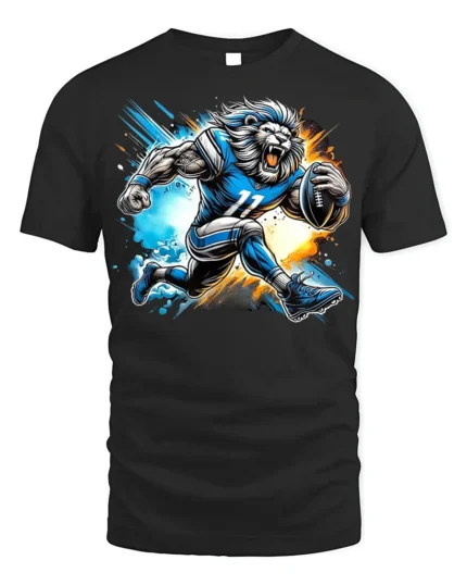 Lion Football Player T-Shirt Cool Sports Graphic Tee - black t-shirt on white background