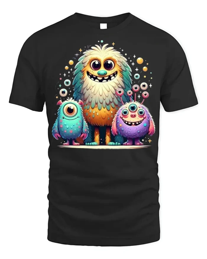 Cute Colorful Monster Family T-Shirt for Kids and Fun - black t-shirt on white background