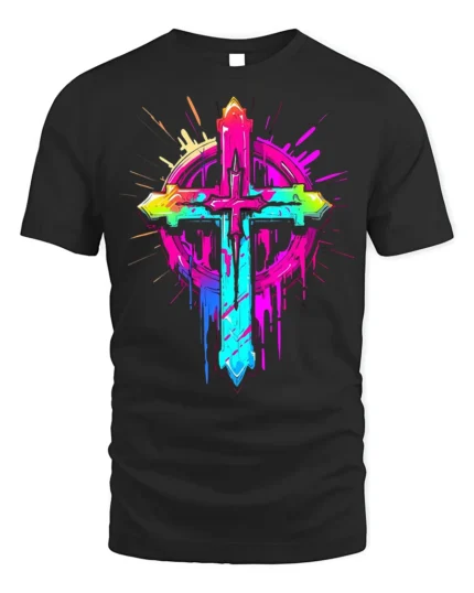 Neon Christian Cross T-Shirt Vibrant Faith Graphic - black t-shirt on white background