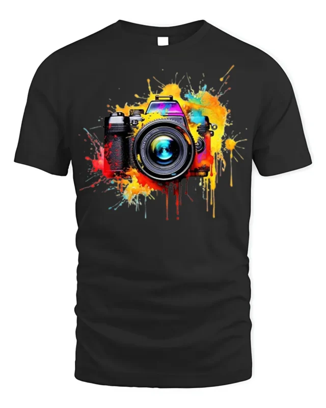 Colorful Camera Photographer T-Shirt Retro Art Style - black t-shirt on white background