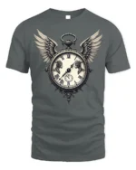 Vintage Winged Clock T-Shirt Gothic Steampunk Design - gray t-shirt on white background