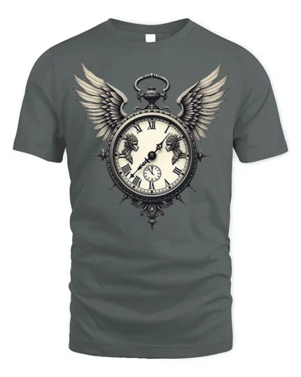 Vintage Winged Clock T-Shirt Gothic Steampunk Design - gray t-shirt on white background