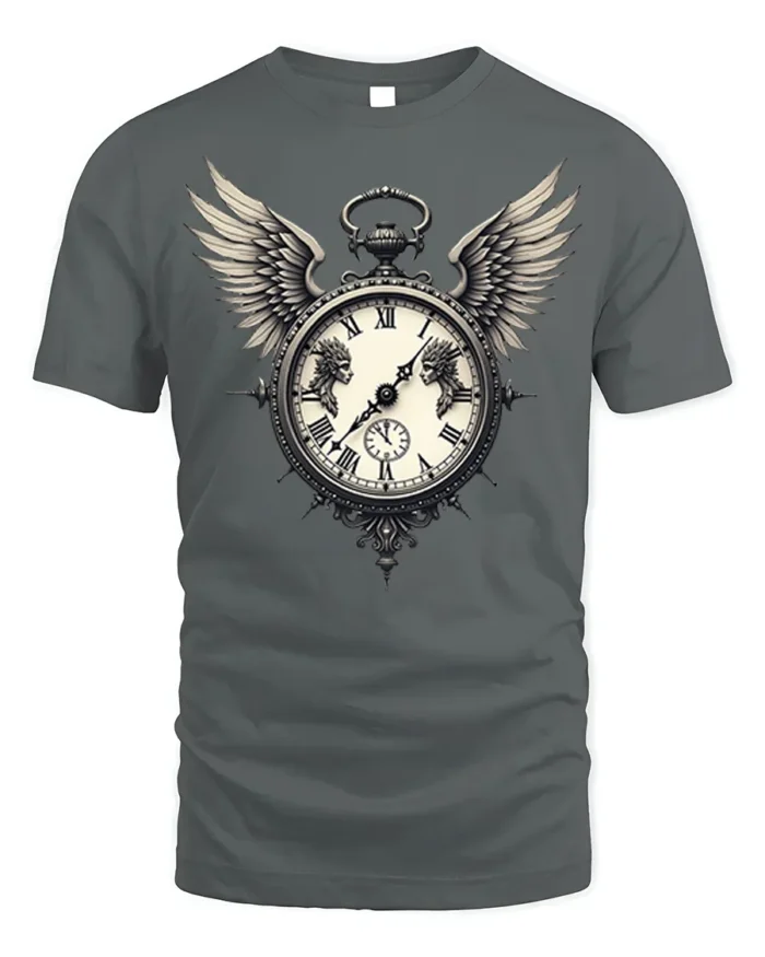 Vintage Winged Clock T-Shirt Gothic Steampunk Design - gray t-shirt on white background