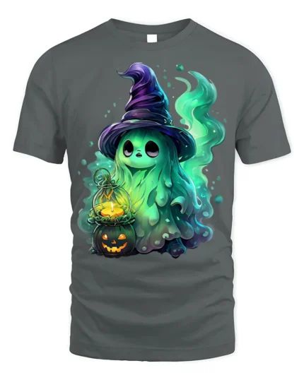 Cute Halloween Witch Ghost T-Shirt for Spooky Fun - gray t-shirt on white background