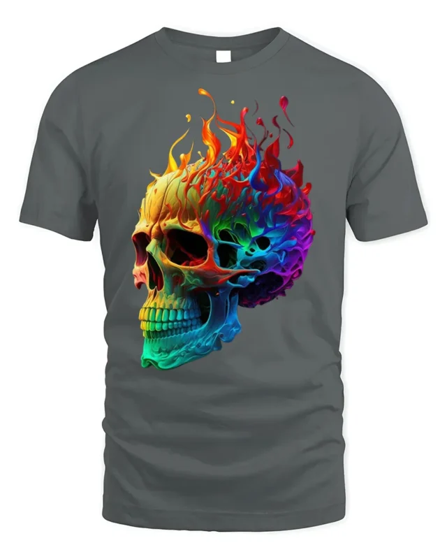 Rainbow Flame Skull T-Shirt for Bold Style Lovers - gray t-shirt on white background