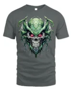Dark Demon Skull T-Shirt with Glowing Red Eyes - gray t-shirt on white background