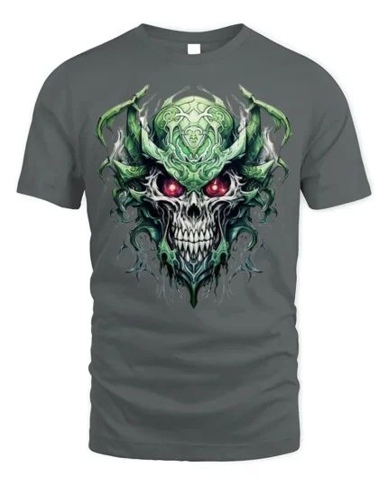 Dark Demon Skull T-Shirt with Glowing Red Eyes - gray t-shirt on white background