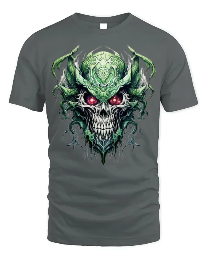 Dark Demon Skull T-Shirt with Glowing Red Eyes - gray t-shirt on white background