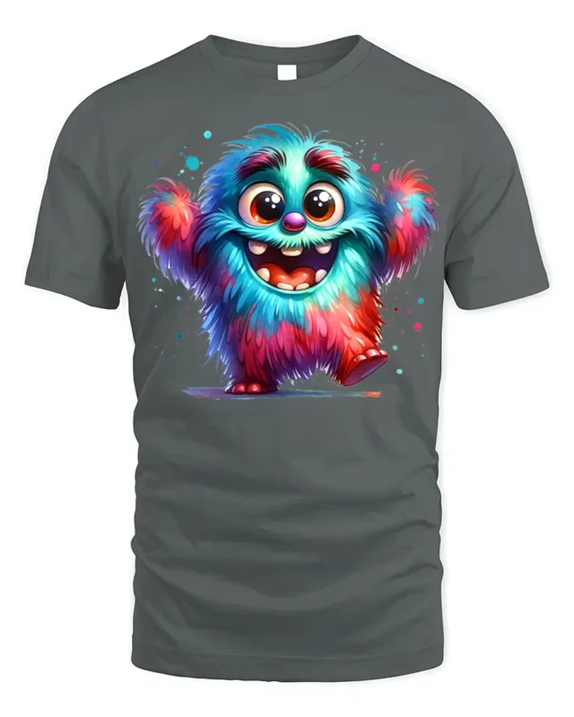 Colorful Happy Monster T-Shirt for Fun-Loving Vibes - gray t-shirt on white background