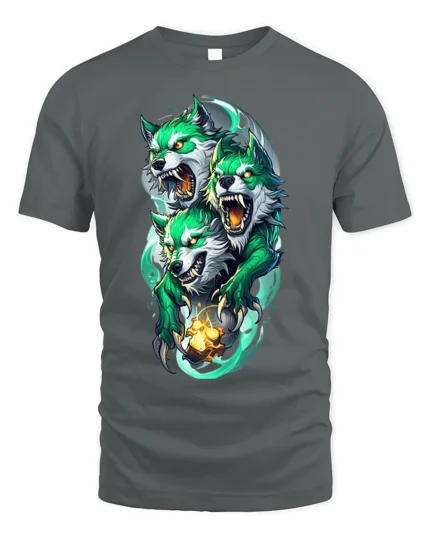 Three-Headed Green Wolf T-Shirt for Mythic Power - gray t-shirt on white background